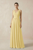 A-Line V-Neck Pleated Chiffon Bridesmaid Dress in Pastel Yellow - KissProm BRIDESMAID DRESSES