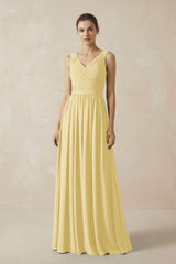 A-Line V-Neck Pleated Chiffon Bridesmaid Dress in Pastel Yellow - KissProm BRIDESMAID DRESSES