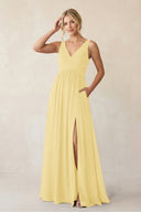 A - Line V - Neck Pleated Chiffon Bridesmaid Dress in Pastel Yellow - KissProm Bridesmaid Dresses