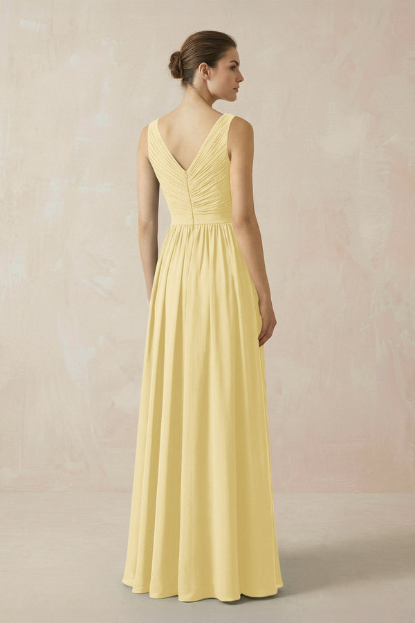 A-Line V-Neck Pleated Chiffon Bridesmaid Dress in Pastel Yellow - KissProm BRIDESMAID DRESSES