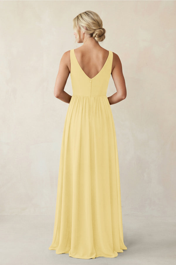 A - Line V - Neck Pleated Chiffon Bridesmaid Dress in Pastel Yellow - KissProm Bridesmaid Dresses