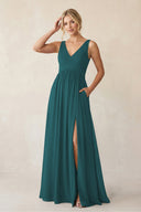 A - Line V - Neck Pleated Chiffon Bridesmaid Dress in Pine - KissProm Bridesmaid Dresses