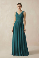 A-Line V-Neck Pleated Chiffon Bridesmaid Dress in Pine - KissProm BRIDESMAID DRESSES