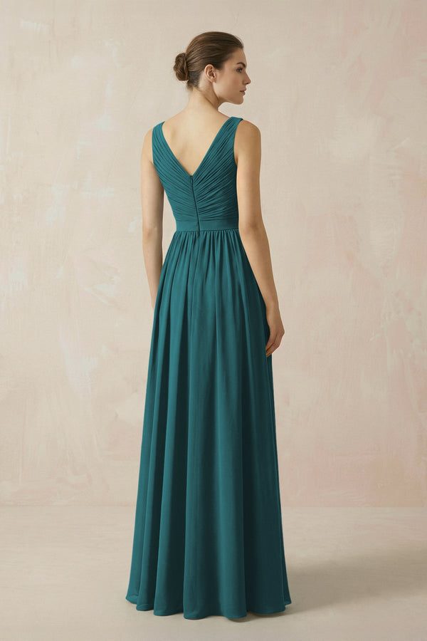 A-Line V-Neck Pleated Chiffon Bridesmaid Dress in Pine - KissProm BRIDESMAID DRESSES