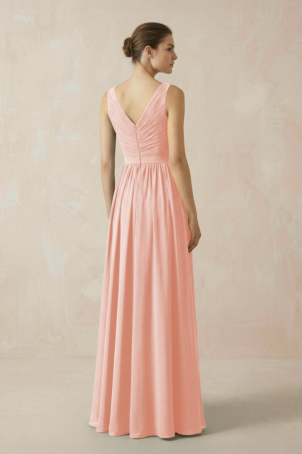A-Line V-Neck Pleated Chiffon Bridesmaid Dress in Rose Petal - KissProm BRIDESMAID DRESSES