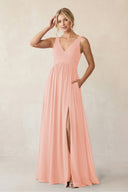 A - Line V - Neck Pleated Chiffon Bridesmaid Dress in Rose Petal - KissProm Bridesmaid Dresses