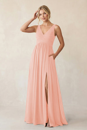 A - Line V - Neck Pleated Chiffon Bridesmaid Dress in Rose Petal - KissProm Bridesmaid Dresses