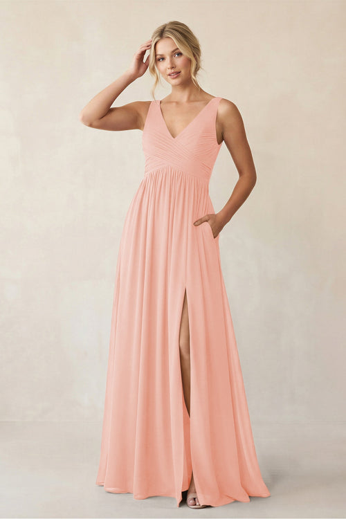A - Line V - Neck Pleated Chiffon Bridesmaid Dress in Rose Petal - KissProm Bridesmaid Dresses