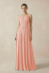 A-Line V-Neck Pleated Chiffon Bridesmaid Dress in Rose Petal - KissProm BRIDESMAID DRESSES