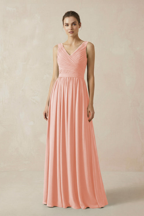 A-Line V-Neck Pleated Chiffon Bridesmaid Dress in Rose Petal - KissProm BRIDESMAID DRESSES
