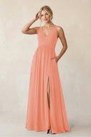 A - Line V - Neck Pleated Chiffon Bridesmaid Dress in Rosette - KissProm Bridesmaid Dresses