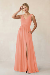 A - Line V - Neck Pleated Chiffon Bridesmaid Dress in Rosette - KissProm Bridesmaid Dresses