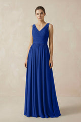 A-Line V-Neck Pleated Chiffon Bridesmaid Dress in Royal Blue - KissProm BRIDESMAID DRESSES