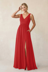 A - Line V - Neck Pleated Chiffon Bridesmaid Dress in Ruby Red - KissProm Bridesmaid Dresses