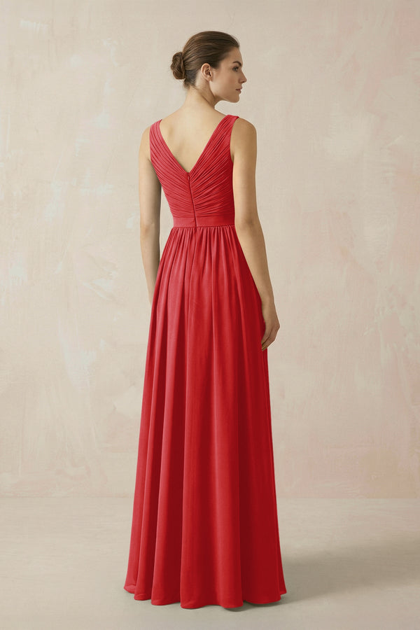 A-Line V-Neck Pleated Chiffon Bridesmaid Dress in Ruby Red - KissProm BRIDESMAID DRESSES