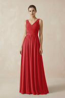 A-Line V-Neck Pleated Chiffon Bridesmaid Dress in Ruby Red - KissProm BRIDESMAID DRESSES