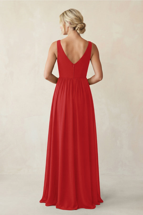 A - Line V - Neck Pleated Chiffon Bridesmaid Dress in Ruby Red - KissProm Bridesmaid Dresses