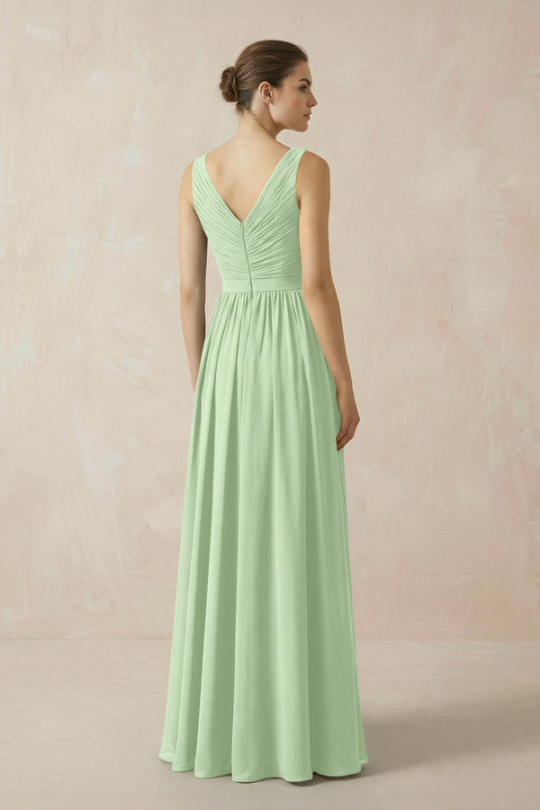 A-Line V-Neck Pleated Chiffon Bridesmaid Dress in Sage - KissProm BRIDESMAID DRESSES