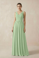 A-Line V-Neck Pleated Chiffon Bridesmaid Dress in Sage - KissProm BRIDESMAID DRESSES