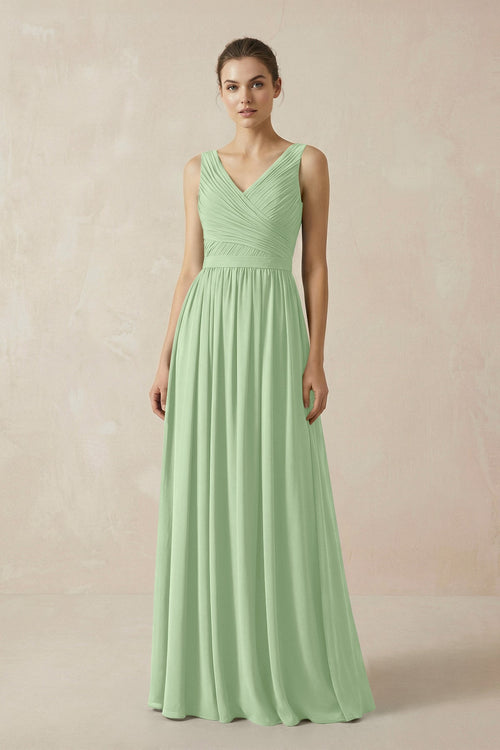 A-Line V-Neck Pleated Chiffon Bridesmaid Dress in Sage - KissProm BRIDESMAID DRESSES