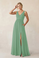 A - Line V - Neck Pleated Chiffon Bridesmaid Dress in Sea Glass - KissProm Bridesmaid Dresses