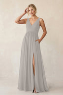 A - Line V - Neck Pleated Chiffon Bridesmaid Dress in Silver - KissProm Bridesmaid Dresses