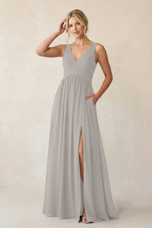 A - Line V - Neck Pleated Chiffon Bridesmaid Dress in Silver - KissProm Bridesmaid Dresses