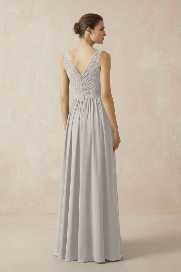 A-Line V-Neck Pleated Chiffon Bridesmaid Dress in Silver - KissProm BRIDESMAID DRESSES
