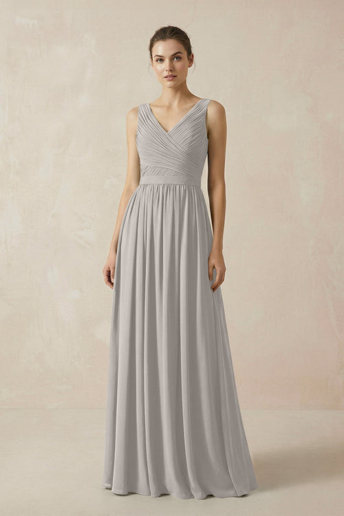 A-Line V-Neck Pleated Chiffon Bridesmaid Dress in Silver - KissProm BRIDESMAID DRESSES