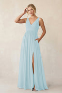 A - Line V - Neck Pleated Chiffon Bridesmaid Dress in Sky Blue - KissProm Bridesmaid Dresses