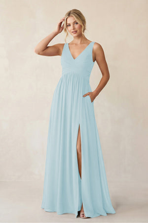 A - Line V - Neck Pleated Chiffon Bridesmaid Dress in Sky Blue - KissProm Bridesmaid Dresses