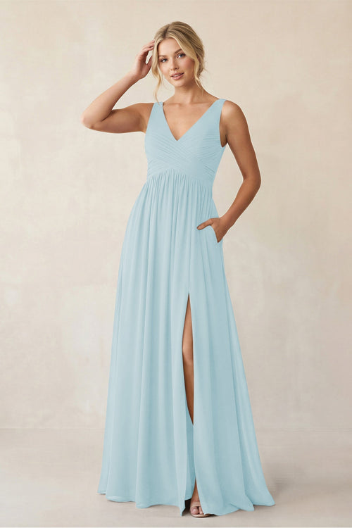 A - Line V - Neck Pleated Chiffon Bridesmaid Dress in Sky Blue - KissProm Bridesmaid Dresses