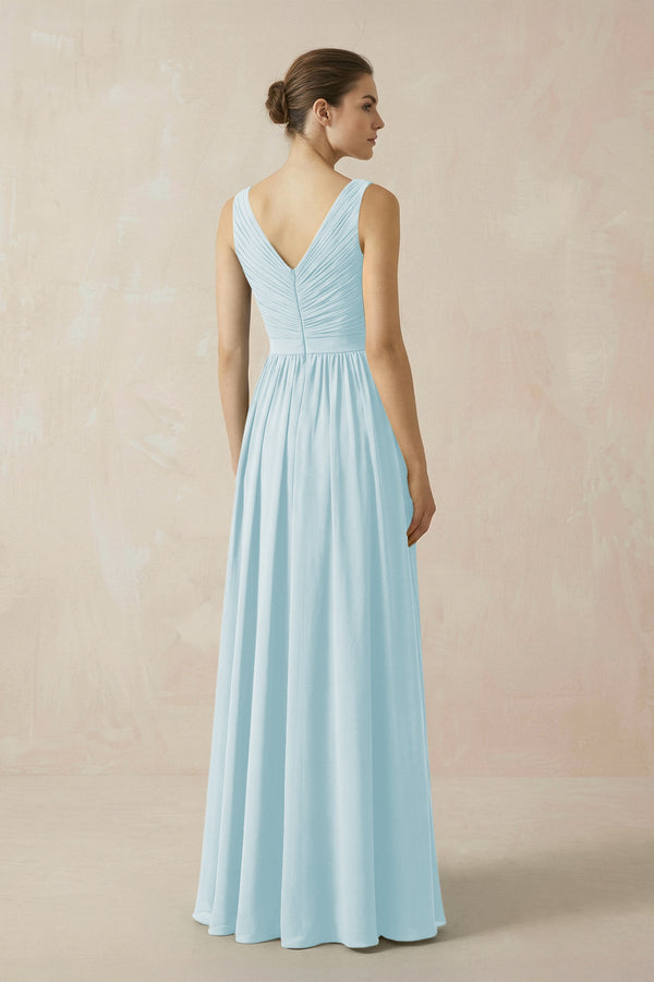 A-Line V-Neck Pleated Chiffon Bridesmaid Dress in Sky Blue - KissProm BRIDESMAID DRESSES