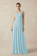 A-Line V-Neck Pleated Chiffon Bridesmaid Dress in Sky Blue - KissProm BRIDESMAID DRESSES