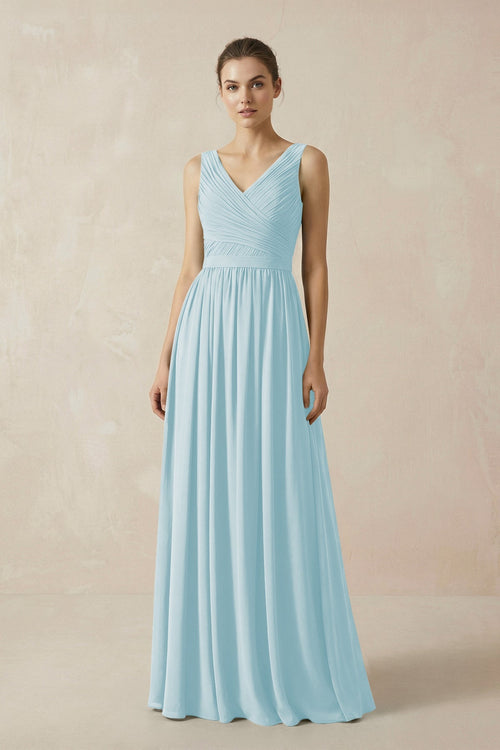 A-Line V-Neck Pleated Chiffon Bridesmaid Dress in Sky Blue - KissProm BRIDESMAID DRESSES