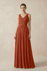 A-Line V-Neck Pleated Chiffon Bridesmaid Dress in Spice - KissProm BRIDESMAID DRESSES
