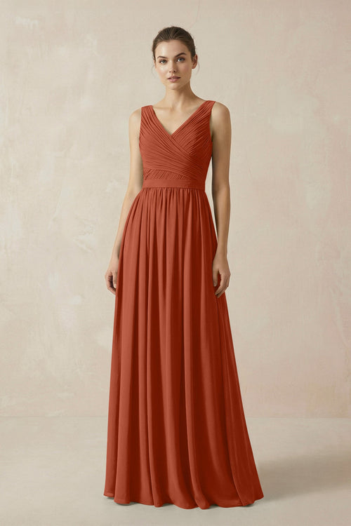 A-Line V-Neck Pleated Chiffon Bridesmaid Dress in Spice - KissProm BRIDESMAID DRESSES
