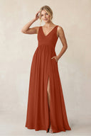 A - Line V - Neck Pleated Chiffon Bridesmaid Dress in Spice - KissProm Bridesmaid Dresses