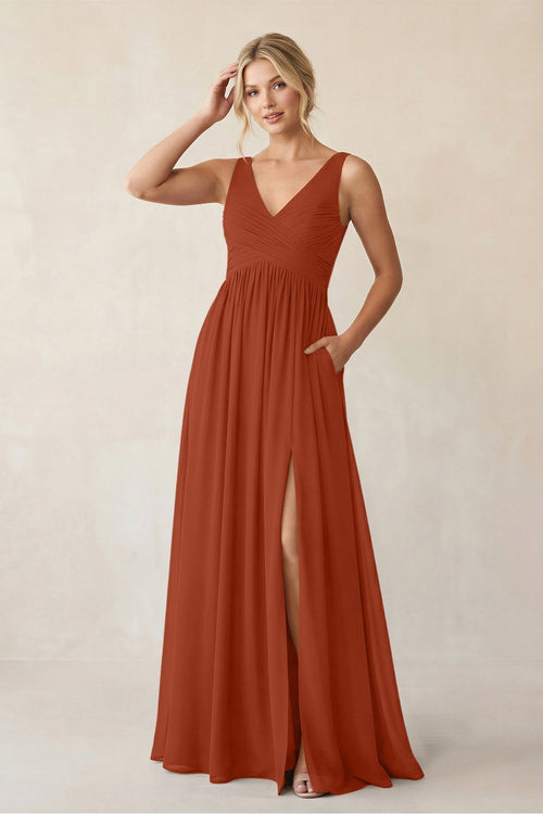 A - Line V - Neck Pleated Chiffon Bridesmaid Dress in Spice - KissProm Bridesmaid Dresses