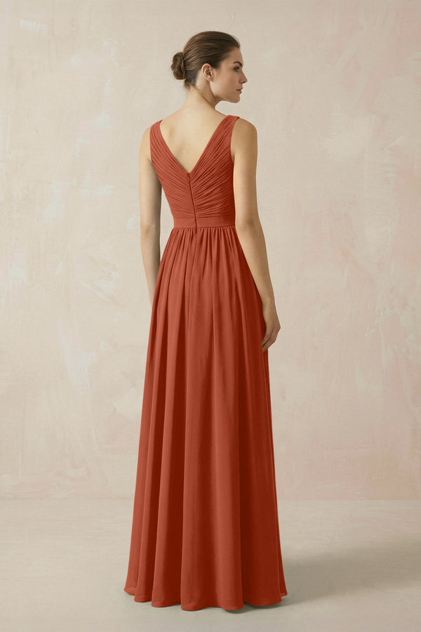 A-Line V-Neck Pleated Chiffon Bridesmaid Dress in Spice - KissProm BRIDESMAID DRESSES