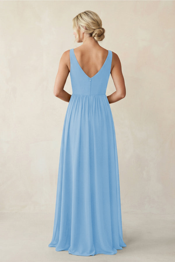 A - Line V - Neck Pleated Chiffon Bridesmaid Dress in Steel Blue - KissProm Bridesmaid Dresses