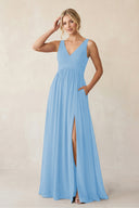 A - Line V - Neck Pleated Chiffon Bridesmaid Dress in Steel Blue - KissProm Bridesmaid Dresses