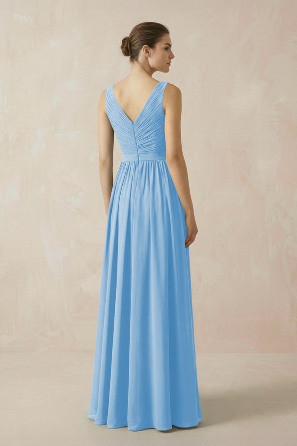 A-Line V-Neck Pleated Chiffon Bridesmaid Dress in Steel Blue - KissProm BRIDESMAID DRESSES