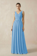 A-Line V-Neck Pleated Chiffon Bridesmaid Dress in Steel Blue - KissProm BRIDESMAID DRESSES