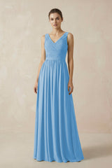 A-Line V-Neck Pleated Chiffon Bridesmaid Dress in Steel Blue - KissProm BRIDESMAID DRESSES
