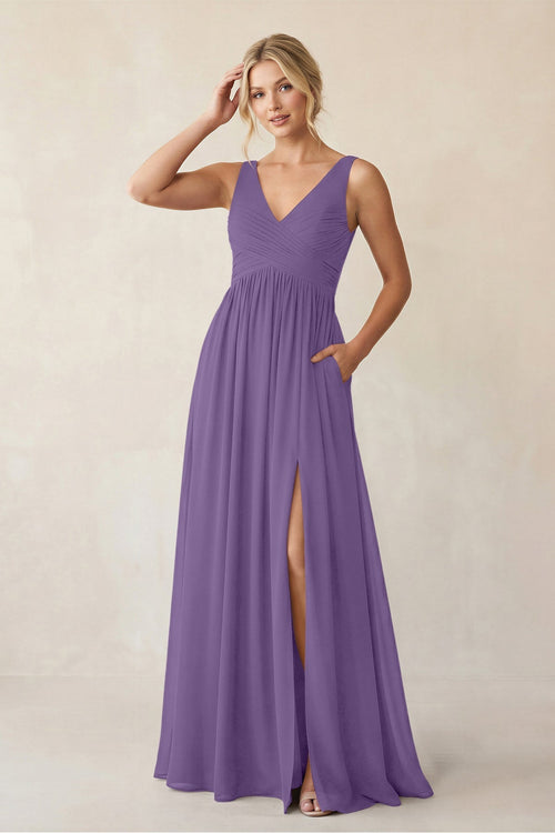 A - Line V - Neck Pleated Chiffon Bridesmaid Dress in Tahiti - KissProm Bridesmaid Dresses