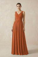 A-Line V-Neck Pleated Chiffon Bridesmaid Dress in Terracotta - KissProm BRIDESMAID DRESSES