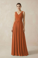 A-Line V-Neck Pleated Chiffon Bridesmaid Dress in Terracotta - KissProm BRIDESMAID DRESSES