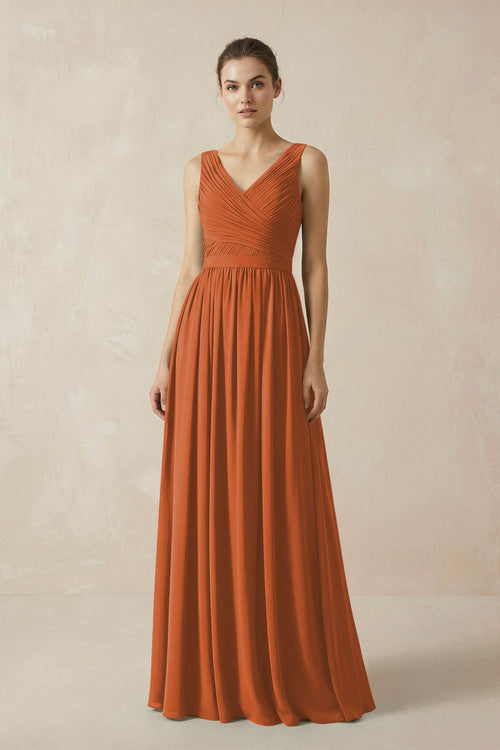 A-Line V-Neck Pleated Chiffon Bridesmaid Dress in Terracotta - KissProm BRIDESMAID DRESSES