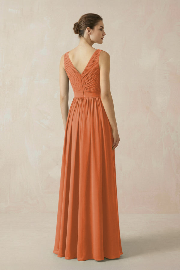 A-Line V-Neck Pleated Chiffon Bridesmaid Dress in Terracotta - KissProm BRIDESMAID DRESSES